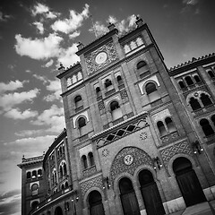 Image showing Bullring in Madrid, Las Ventas, situated at Plaza de torros. It is the bigest bullring in Spain in black and white.