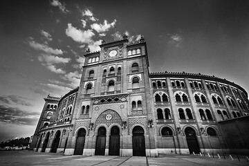 Image showing Bullring in Madrid, Las Ventas, situated at Plaza de torros. It is the bigest bullring in Spain in black and white.