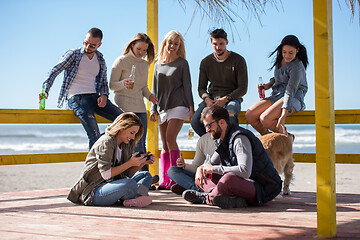 Image showing Group of friends having fun on autumn day at beach