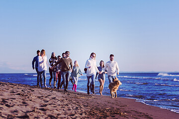 Image showing Group of friends running on beach during autumn day