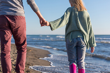 Image showing Loving young couple on a beach at autumn sunny day