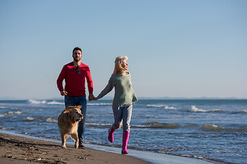 Image showing couple with dog having fun on beach on autmun day