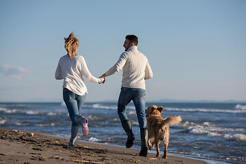 Image showing couple with dog having fun on beach on autmun day