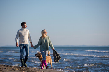 Image showing couple with dog having fun on beach on autmun day