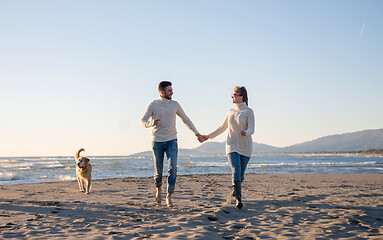 Image showing couple with dog having fun on beach on autmun day