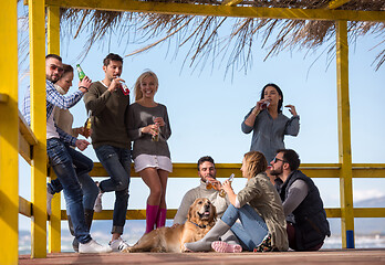 Image showing Group of friends having fun on autumn day at beach