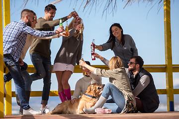 Image showing Group of friends having fun on autumn day at beach