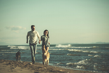 Image showing couple with dog having fun on beach on autmun day