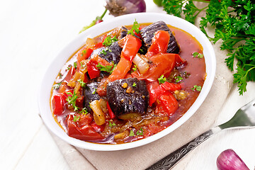 Image showing Ragout vegetable with eggplant on white board