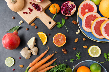 Image showing different vegetables and fruits on on slate table