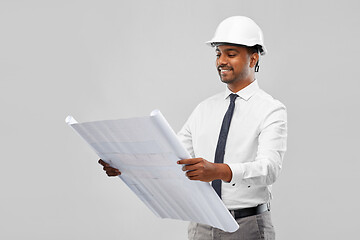 Image showing indian male architect in helmet with blueprint