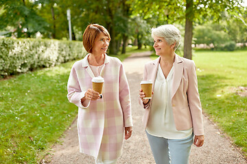 Image showing senior women or friends drinking coffee at park