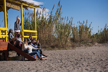 Image showing Group of friends having fun on autumn day at beach