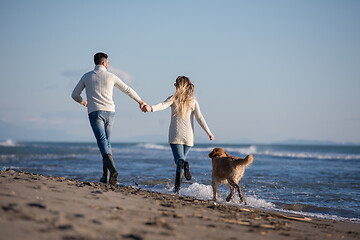 Image showing couple with dog having fun on beach on autmun day