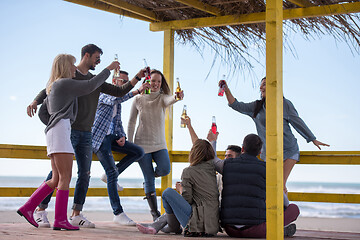 Image showing Group of friends having fun on autumn day at beach