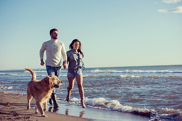 Image showing couple with dog having fun on beach on autmun day