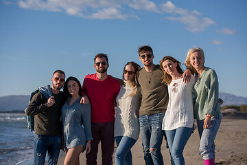 Image showing portrait of friends having fun on beach during autumn day