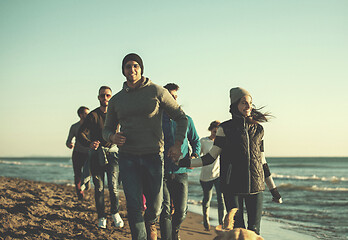 Image showing Group of friends running on beach during autumn day