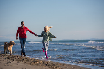 Image showing couple with dog having fun on beach on autmun day