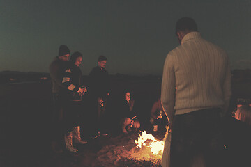 Image showing Friends having fun at beach on autumn day