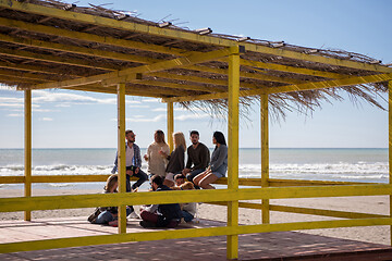 Image showing Group of friends having fun on autumn day at beach