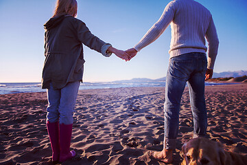 Image showing couple with dog having fun on beach on autmun day