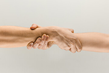 Image showing Male hands demonstrating a gesture of holding and strong isolated on gray studio background.