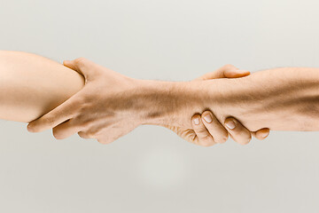 Image showing Male hands demonstrating a gesture of holding and strong isolated on gray studio background.