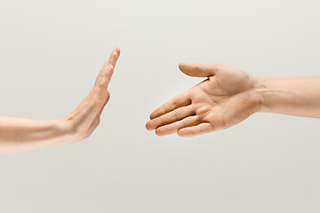 Image showing Two male hands isolated on grey studio background