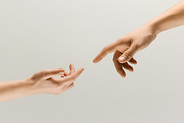 Image showing Two male hands trying to touch isolated on grey studio background