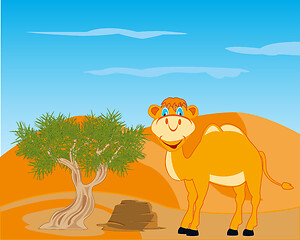 Image showing Peschannaya desert with animal camel and tree saxaul