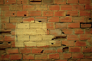 Image showing Old damaged wall texture with striated red bricks