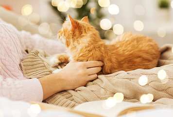 Image showing close up of owner with red cat in bed at home