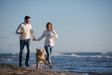 Image showing couple with dog having fun on beach on autmun day