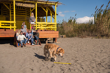 Image showing Group of friends having fun on autumn day at beach