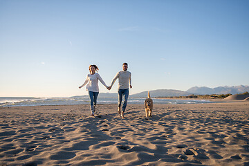 Image showing couple with dog having fun on beach on autmun day