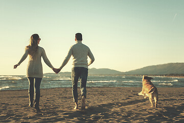 Image showing couple with dog having fun on beach on autmun day