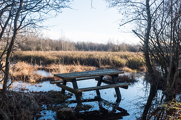 Image showing Resting place with wooden table by a marshland