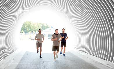 Image showing male friends with earphones running outdoors