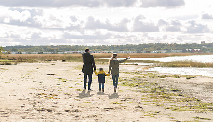 Image showing happy family walking along autumn beach