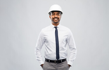 Image showing indian male architect in helmet over grey