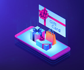 Image showing Digital gift card isometric 3D concept illustration.