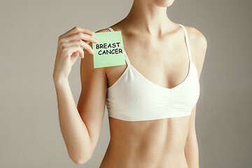 Image showing Woman health. Female model holding card near breast