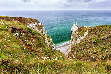 Image showing View from natural chalk cliffs of Etretat