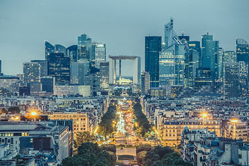 Image showing La Defence, Paris business district at dusk.