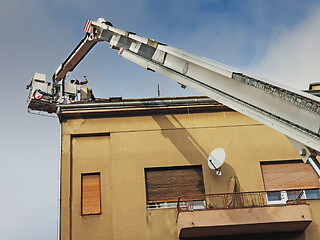 Image showing Firefighters are repairing the chimney after Zagreb earthquake