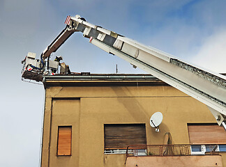 Image showing Firefighters are repairing the chimney after Zagreb earthquake