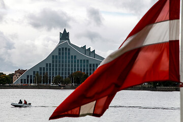 Image showing National Library and flag of Latvia.