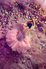 Image showing Young woman in pink ballet tutu surrounded by flowers