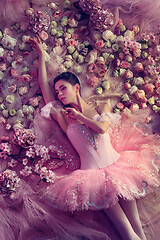 Image showing Young woman in pink ballet tutu surrounded by flowers